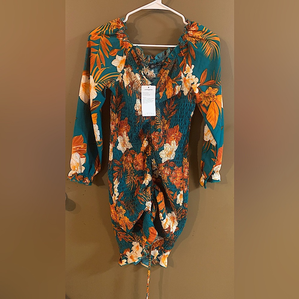NWT PRETTYGARDEN Teal Floral Smocked Long-Sleeve Tunic Midi Dress